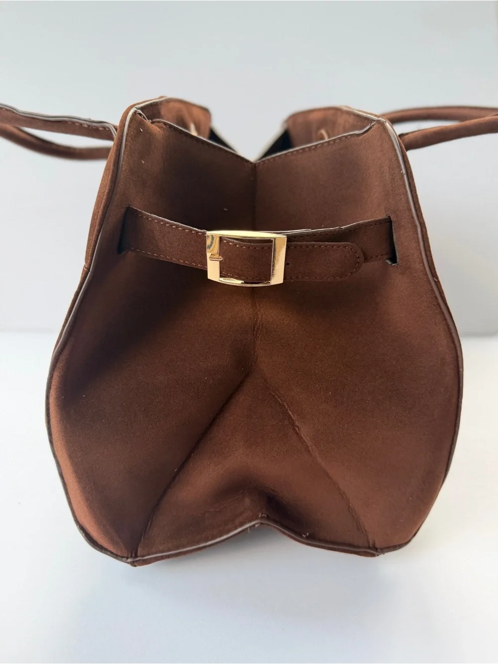 Woman’s Brown Faux-Suede Satchel Top-Handle Bag w/Buckle Accent & Magnet Closure